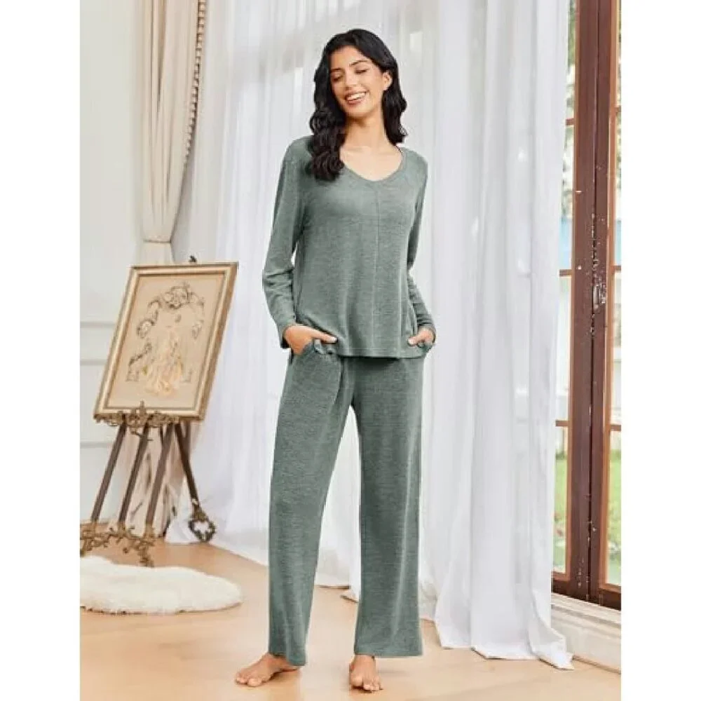 Soft Long Sleeve Pajama Set V-Neck Lounge Wear S-XXL